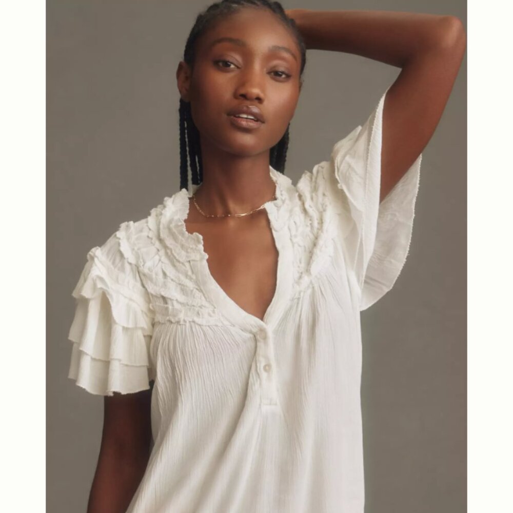 Brand New Maeve by Anthropologie Short-Sleeve Ruffle Yoke Blouse